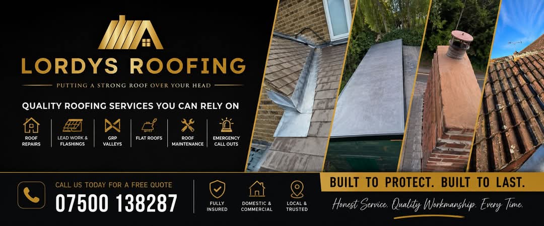 Lordys Roofing — roof repairs, lead work & flashings, GRP valleys, flat roofs, roof maintenance, emergency callouts. Call 07500 138287.