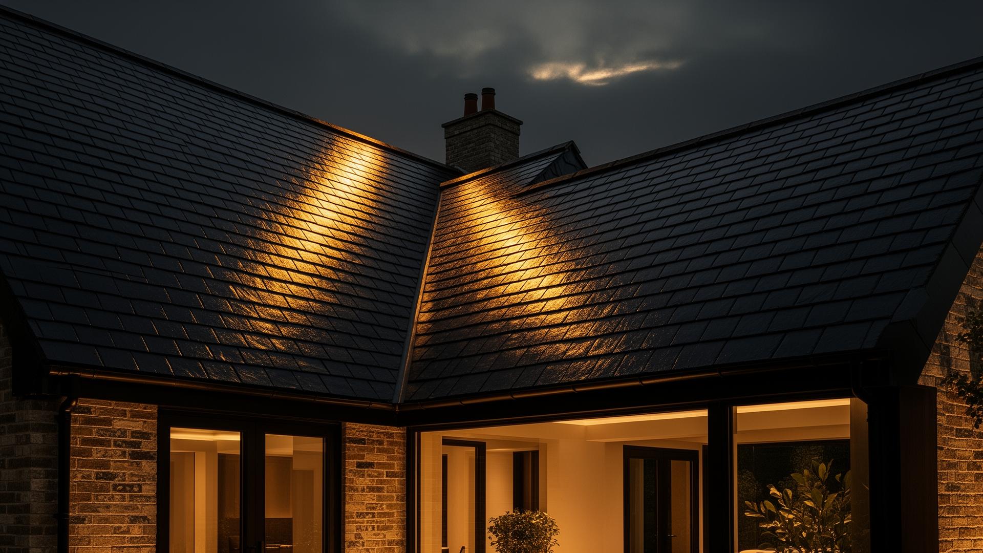 Premium slate roof on a luxury Hereford home at dusk